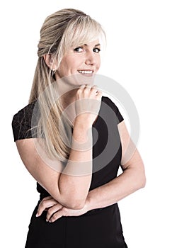 Portrait: smiling blond attractive business woman isolated over