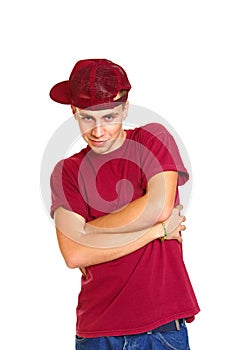 Portrait of smiling breakdancer isolated on white background