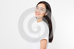 Portrait of smiling Brunette asian girl with long and shiny straight female hair isolated on white background . Beautiful woman