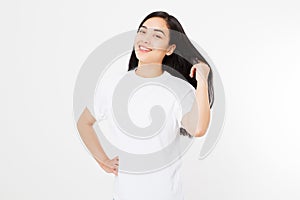 Portrait of smiling Brunette asian girl with long and shiny straight female hair isolated on white background . Beautiful woman