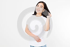 Portrait of smiling Brunette asian girl with long and shiny straight female hair isolated on white background . Beautiful woman