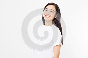 Portrait of smiling Brunette asian girl on white background . Beautiful woman korean model. Dental and healthy white