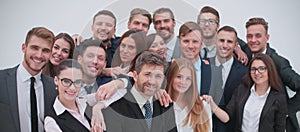 Portrait of smiling business people against white background