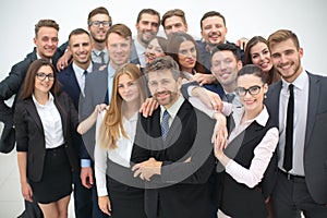 Portrait of smiling business people against white background