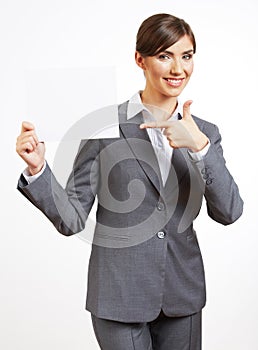 Portrait of smiling business woman with blank board