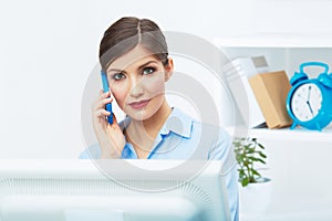 Portrait of smiling business woman call center operator at work