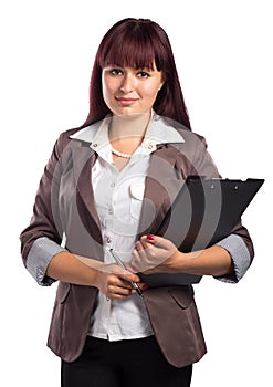 Portrait of smiling business woman with clipboard and a pen