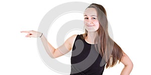 Portrait of smiling business woman pointing finger side