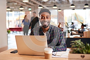 Portrait Of Smiling Businessman Sitting At Desk With Laptop In Modern Open Plan Office