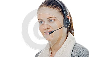 Portrait of smiling cheerful support phone operator in headset.
