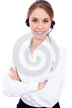 Portrait of smiling cheerful young support phone operator in headset, isolated over white background