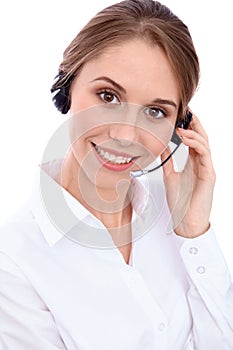 Portrait of smiling cheerful young support phone operator in headset, isolated over white background