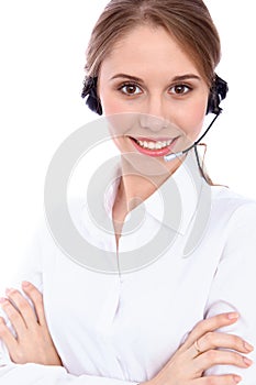 Portrait of smiling cheerful young support phone operator in headset, isolated over white background