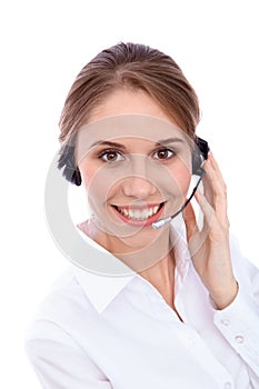 Portrait of smiling cheerful young support phone operator in headset, isolated over white background