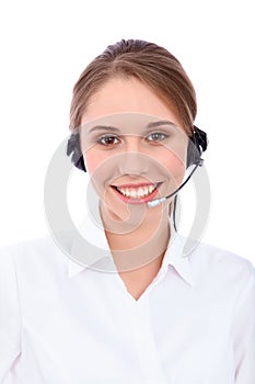 Portrait of smiling cheerful young support phone operator in headset, over white background