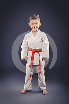 Portrait of a smiling child with kimono practicing martial arts