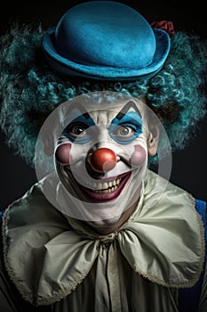 Portrait of a smiling creepy clown made with generative AI.