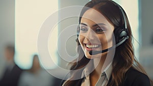 Portrait of a smiling customer support phone operator in headset at office. Generative AI