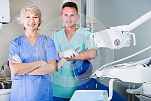 Portrait of smiling dentists standing in medical office
