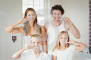 Portrait of smiling family brushing teeth