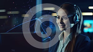 Portrait of smiling female customer support phone operator in headset looking at camera while standing in night office with double