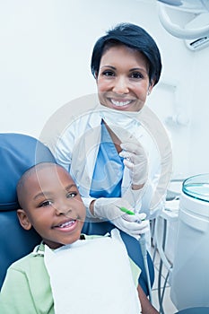 Portrait of smiling female dentist examining boys teeth