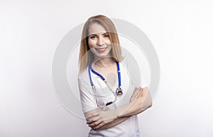 Portrait Of Smiling Female Doctor Wearing White Coat With Stethoscope