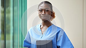 Portrait Of Smiling Female Nurse Or Doctor Wearing Scrubs With Digital Tablet