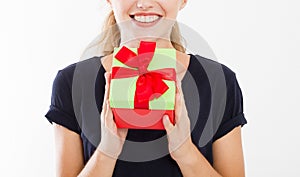 Portrait of a smiling girl, woman holding stack of gift boxes isolated on white background. Holiday concept. Mock up, template.