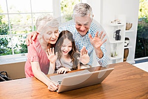 Portrait of smiling grandparents and granddaughter using laptop