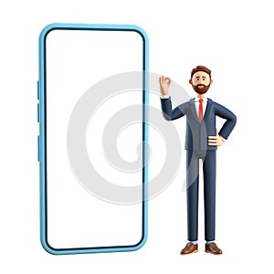 Portrait of smiling happy businessman with big phone showing ok gesture. 3D illustration of cartoon standing man in suit with okay