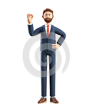 Portrait of smiling happy businessman showing ok gesture. 3D illustration of cartoon standing man in suit with okay sign