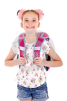 Portrait of smiling happy school girl child with school bag backpack isolated on a white background