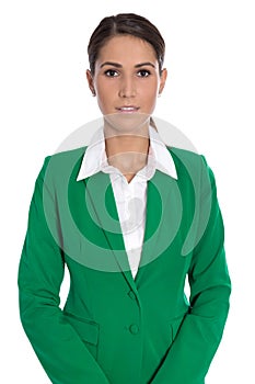 Portrait of a smiling isolated businesswoman wearing green blaze
