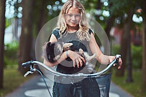 Portrait of a little blonde girl in a casual dress, holds cute spitz dog. Ride on a bicycle in the park.