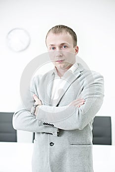 Portrait of smiling man with hands against on white background