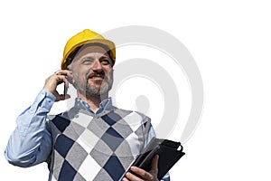 Portrait of Smiling Manager with Mobile Phone and Digital Tablet Isolated On White Background