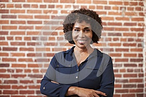 Portrait Of Smiling Mature Businesswoman Standing Against Brick Wall In Modern Office