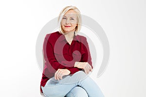 Portrait of smiling middle age woman, beautiful smile woman close up isolated over white background