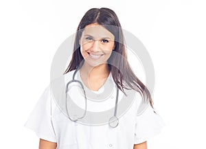 Portrait of smiling nurse or brunette doctor in white coat with stethoscope