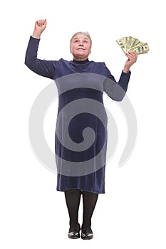 Portrait of smiling old woman holding money in hand