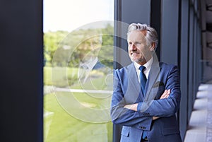 Portrait Of Smiling Senior Businessman CEO Chairman Standing By Window Inside Modern Office Building