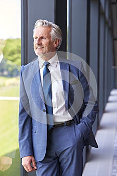 Portrait Of Smiling Senior Businessman CEO Chairman Standing By Window Inside Modern Office Building