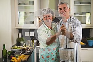 Portrait of smiling senior couple dancing in kitchen