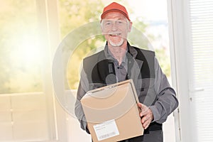 Portrait of smiling senior deliverer, light effect