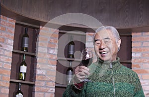 Portrait of smiling senior man holding wineglass at a wine tasting