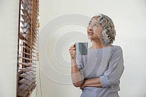 Portrait of smiling senior woman standing posing in home happy confident middle-aged female look at camera show