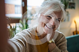 Portrait of smiling senior woman taking selfie