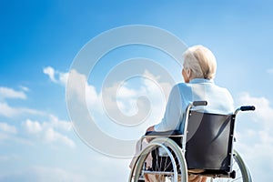 portrait of a smiling senior woman in wheelchair outdoor blue sky background. AI Generated