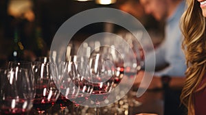 Portrait of smiling sommelier woman looking at wine glasses at bar counter in bar